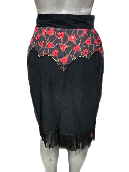Vintage Black Fringe Wrap Skirt Red Floral Appliqué Festival Dance Tango Small - Picture 7 of 8
